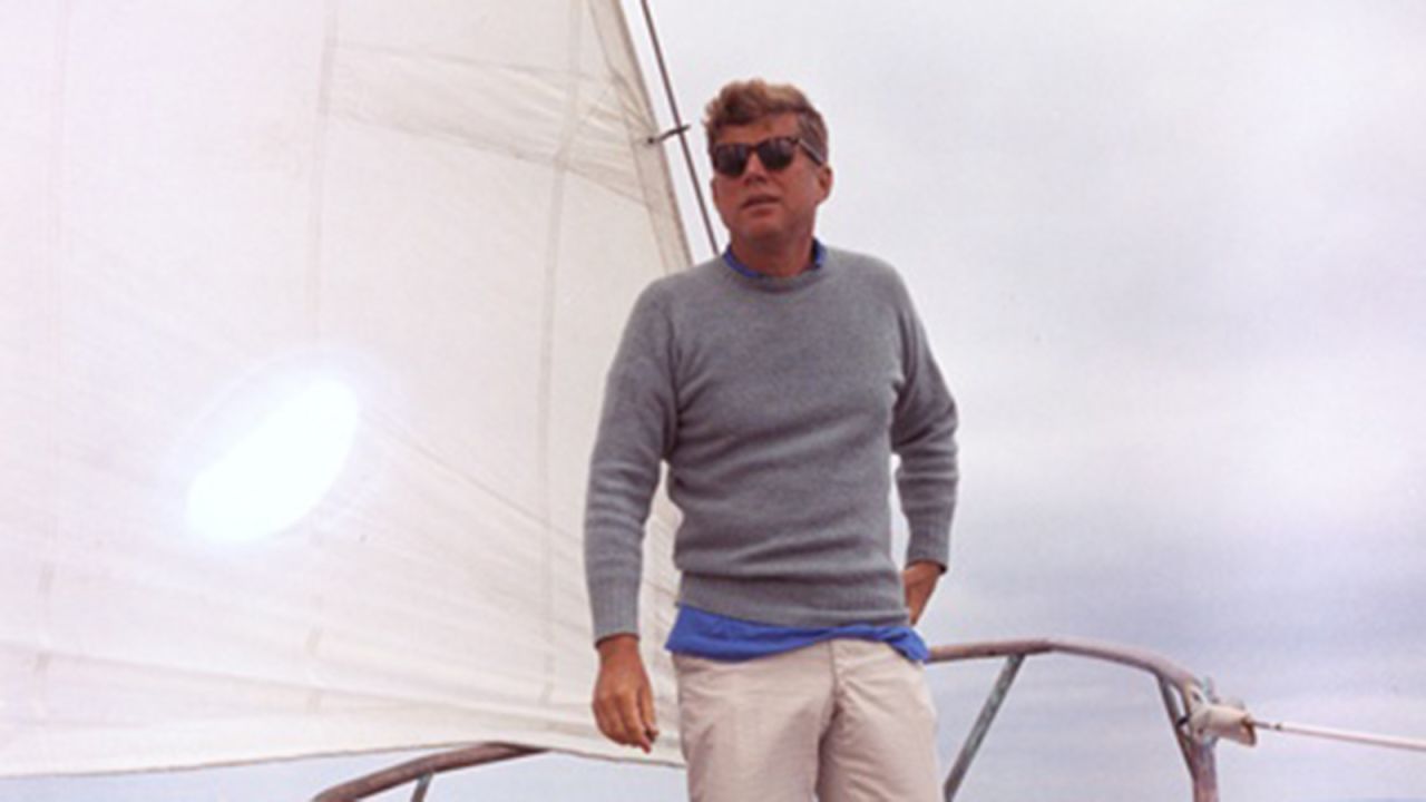 Kennedy sailing aboard the Manitou off the coast of Maine.