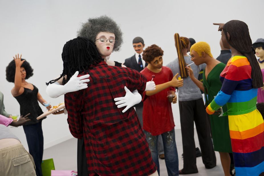 The art fair's selfie-spot: "Cocktail Party" Stephen Friedman. People queuing up to take a picture with the life-size figurines