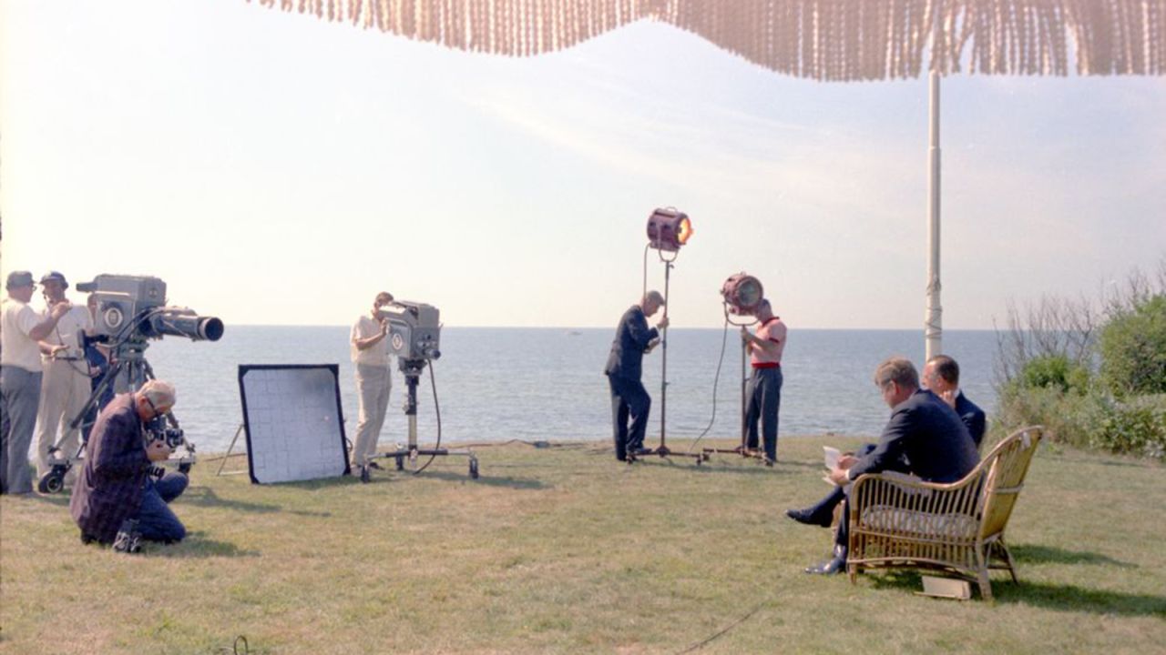 In September 1963, CBS news anchor Walter Cronkite interviews Kennedy for his first half-hour nightly news broadcast.