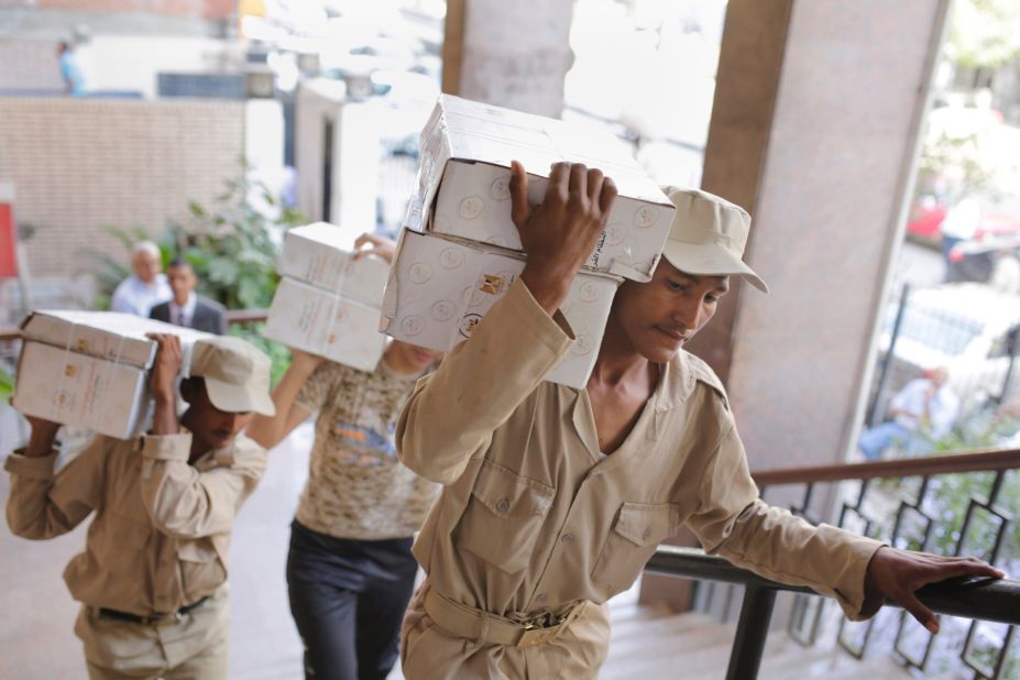 Egyptian soldiers distributed boxes of ballots to polling stations around the country, including to the the Giza courthouse in Cairo.