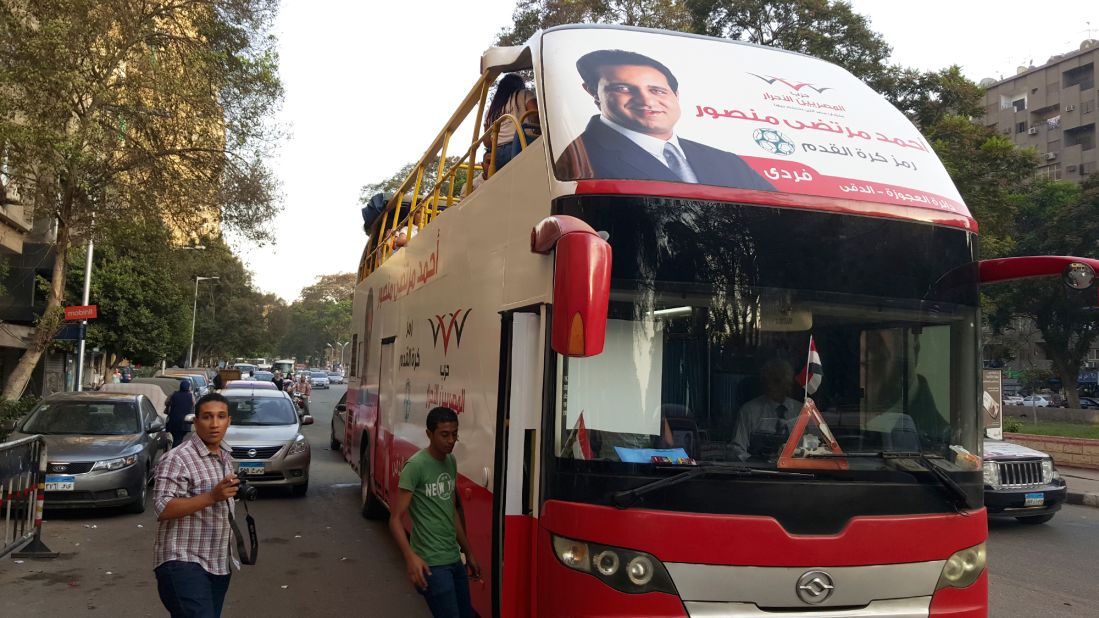 Parliament hopeful Ahmed Mortada Mansour is using a bus to boost his campaign in the Dokki and Agouza districts of Giza. 