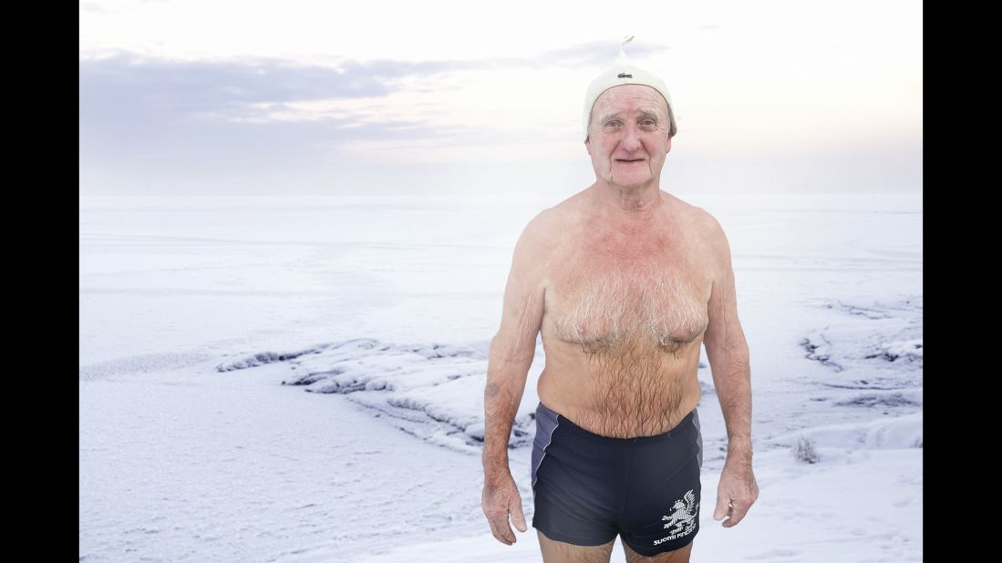 Lahdesmaki's portraits show swimmers facing the elements in nothing but a swimsuit.