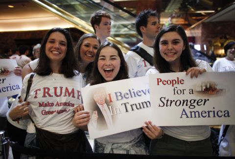 Supporters of Donald Trump before he announced his bid for the presidency at the Trump Tower on June 16, 2015. It later emerged that actors were hired to cheer the announcement.