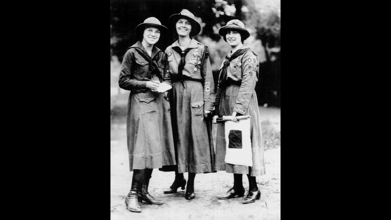 <strong>1910s:</strong> Juliette Gordon Low hoped to create an organization "that would prepare girls to meet their world with courage, confidence and character." Dorothy Fath, left, Capt. Rhonda Piggot, middle, and Viola Oates from Cleveland Pansy Troop No. 1, shown here around 1919, were some of the first girls to benefit from Low's lofty mission. 