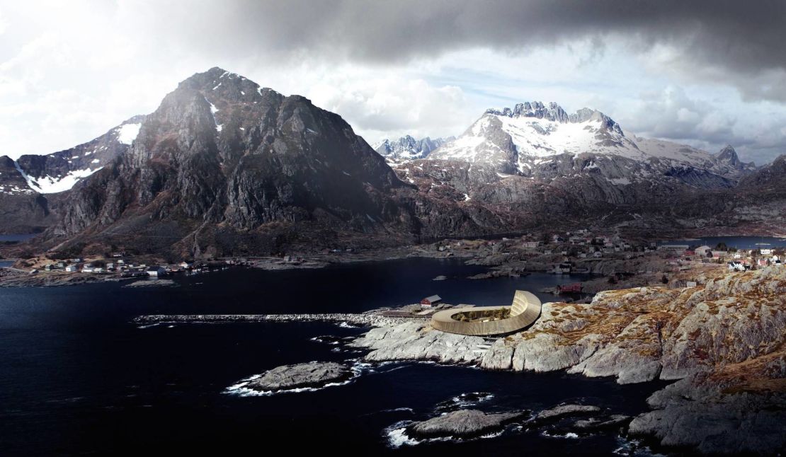 The Lofoten Opera Hotel contrasts beautifully with its rocky surroundings. 