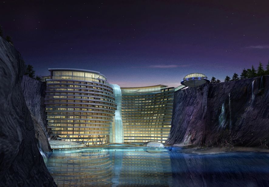 Carved into the edge of an abandoned quarry outside Shanghai, this five-star resort is due for completion in early 2017. It'll feature 328 rooms cascading down a rugged cliff face toward a 90-meter-deep lagoon with the lowest levels of the property located below water. 
