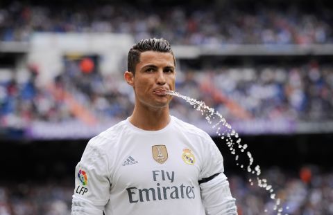 <strong>October 17, 2015: </strong>Cristiano Ronaldo spits out water prior to the La Liga match between Real Madrid and Levante UD. The Portuguese striker would go on to break the Real Madrid scoring record shortly after.