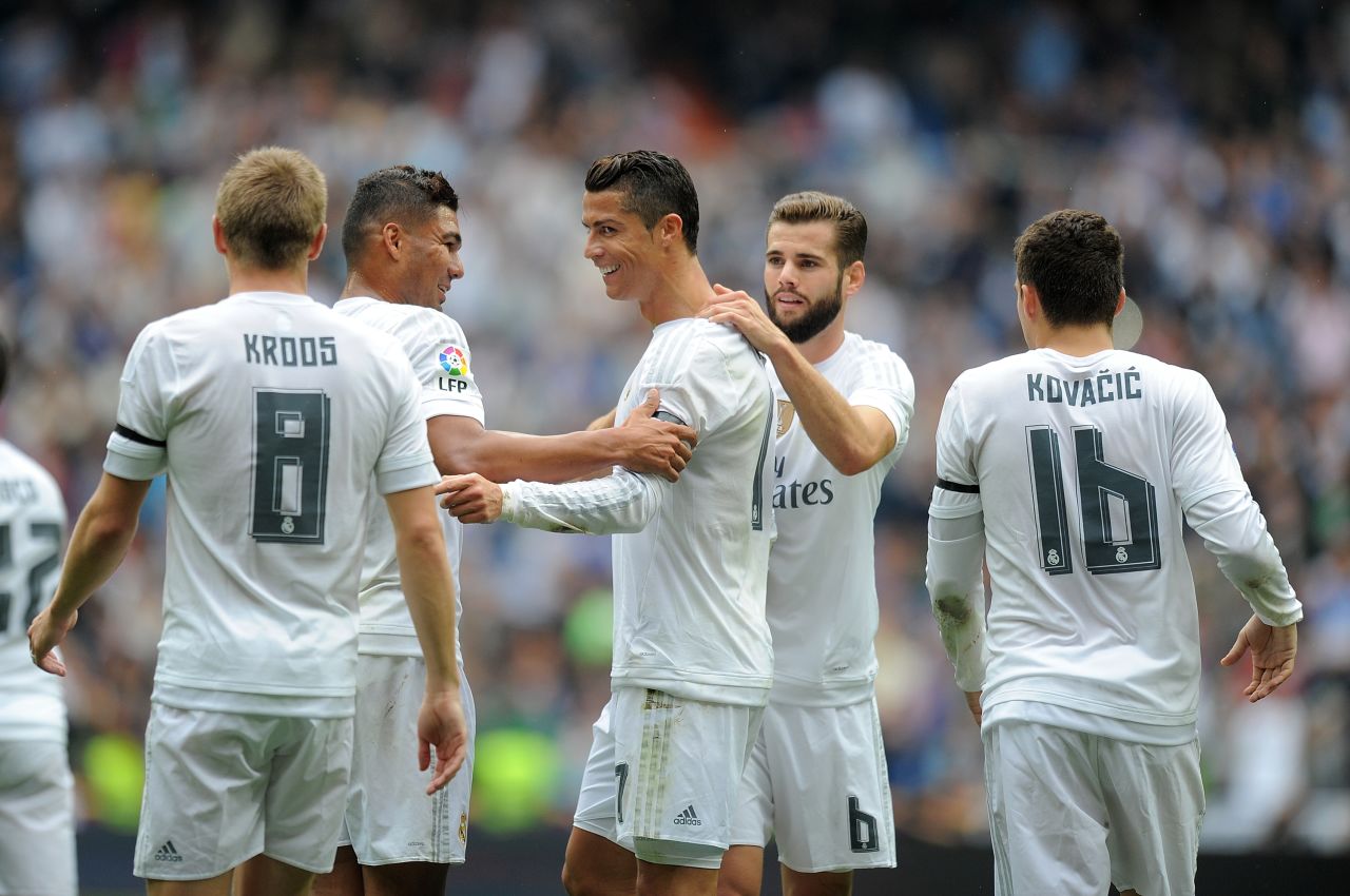 <strong>October 17, 2015:</strong> Ronaldo celebrates with teammates after scoring against Levante to become Real Madrid's leading all-time goalscorer. As of October 17, 2015, the Portuguese striker had scored 324 goals in 309 games for the Spanish giants.