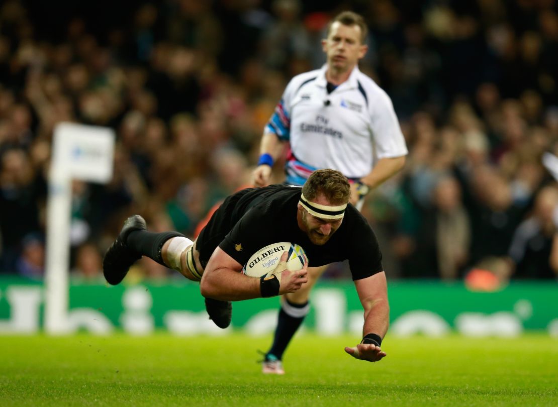 Kieran Read touches down during the 2015 Rugby World Cup quarterfinal match against France.