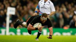 Kieran Read of the New Zealand All Blacks dives over to score his team's seventh try during the 2015 Rugby World Cup Quarter Final match between New Zealand and France at the Millennium Stadium on October 17, 2015 in Cardiff, United Kingdom.