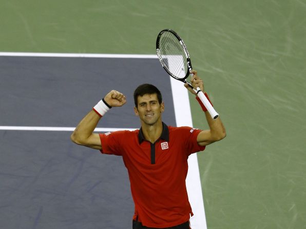 The moment of victory: Djokovic celebrates his 6-2 6-4 over Tsonga. 