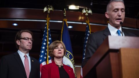 Reps. Peter Roskam, Susan Brooks and Chairman Trey Gowdy of the House Select Committee on Benghazi speak to reporters at a news conference on the findings of former Secretary of State Hillary Clinton's personal emails on March 3, 2015.