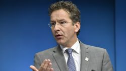 Dutch Finance Minister and Eurogroup president Jeroen Dijsselbloem gives a joint press conference with Financial Affairs, Taxation and Customs Commissioner (unseen) during an Eurogroup Summit meeting on June 22, 2015 at EU Headquarters in Brussels. AFP PHOTO/JOHN THYS (Photo credit should read JOHN THYS/AFP/Getty Images)