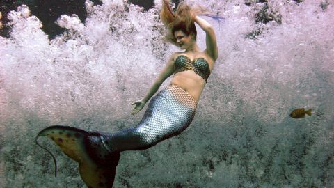 A mermaid grins and bears it while performing in chilly water at  Weeki Wachee Springs.