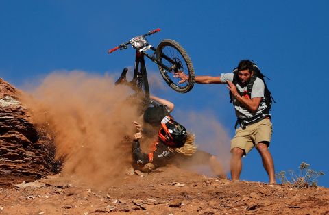 Jeremy Hottinger, who failed to make the final, went over his handle bars and collided with a cameraman during one of his runs.