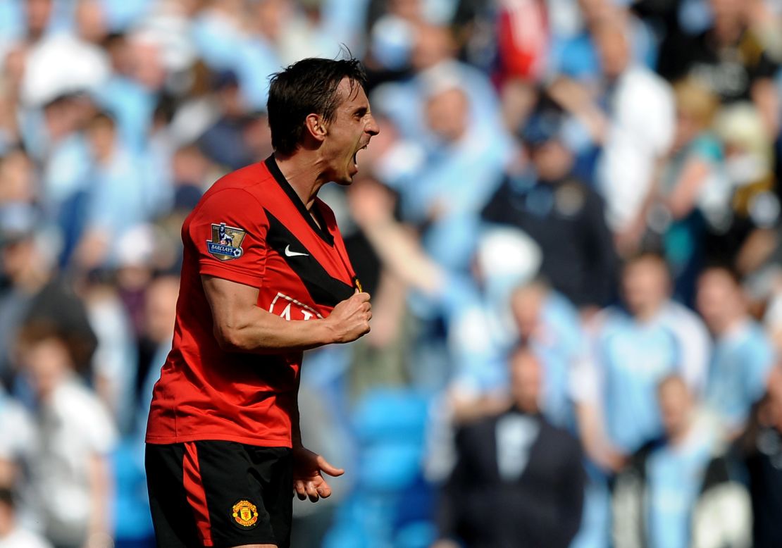  Gary Neville of Manchester United celebrates at the end of  the Premier League match between Manchester City and Manchester United at the City of Manchester Stadium on April 17, 2010.
