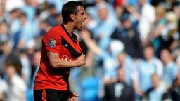 MANCHESTER, ENGLAND - APRIL 17:  Gary Neville of Manchester United celebrates at the end of  the Barclays Premier League match between Manchester City and Manchester United at the City of Manchester Stadium on April 17, 2010 in Manchester, England.  (Photo by Laurence Griffiths/Getty Images)