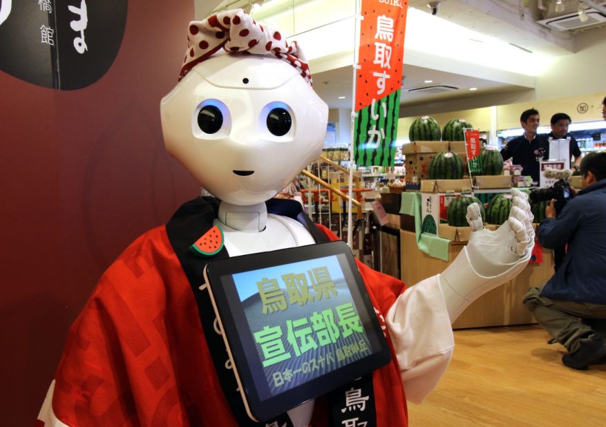 All 1,000 units of "Pepper" being offered in September sold out within one minute, according to its creator Softbank Robotics. "Pepper" is being promoted as the world's first personal robot, seen here promoting the sale of watermelons on July 1, 2015. It's also being marketed as a companion for the elderly.       