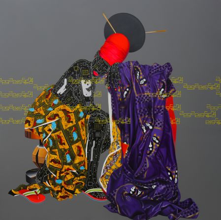 <em>AbandonnÇs, 2015</em><br />"Eddy Kamuanga Ilunga was born in 1991, and included in Pangaea II; New Art from Africa and Latin America. His work is occupied with the social complexities of Congolese society and the Mangebetu people. He incorporates various techniques and diverse aesthetics, and references both traditional culture and pop culture."