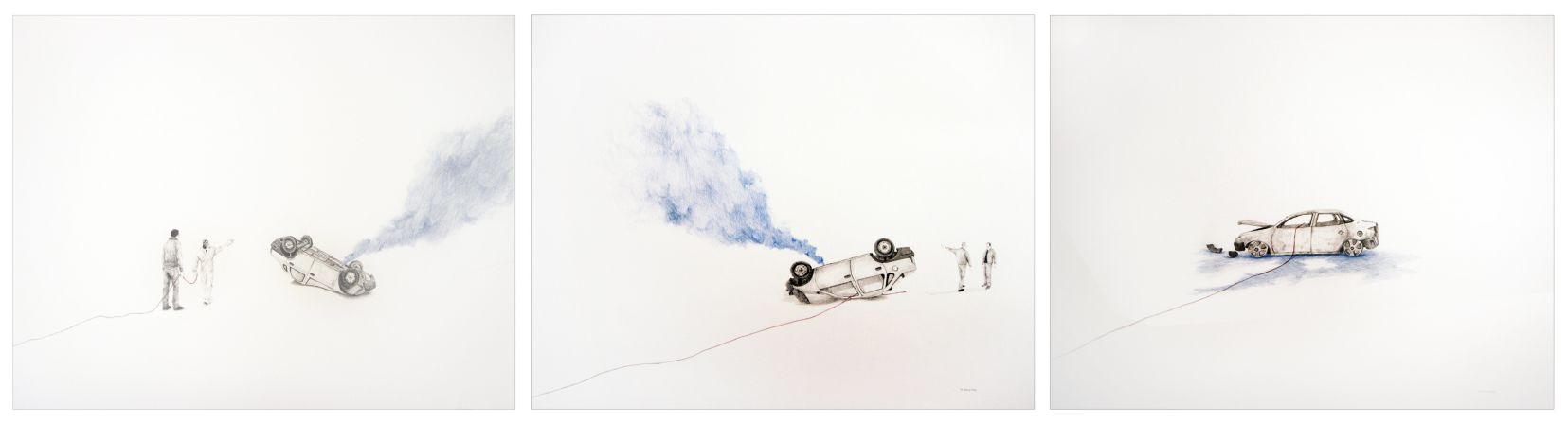 <em>Walk under a white sky (triptych), 2015 </em><br /><br />"The Algerian artist often looks to political and social action and events in the region to inspire his multilayered creations, which juxtapose drawing and animation."