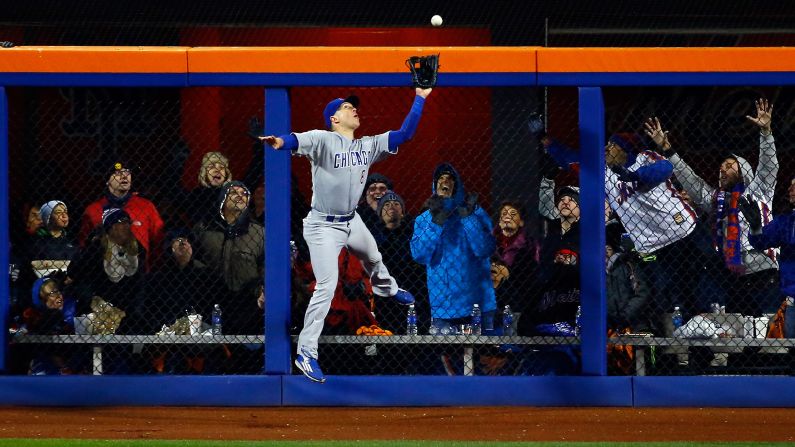 Chris Coghlan catches a fly ball for the Chicago Cubs during Game 2 of the National League Championship Series on Sunday, October 18. The Cubs lost to the New York Mets and fell behind 2-0 in the best-of-seven series.