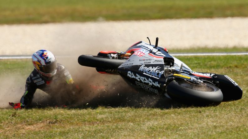 Sandro Cortese crashes during the Moto2 race in Phillip Island, Australia, on Sunday, October 18.