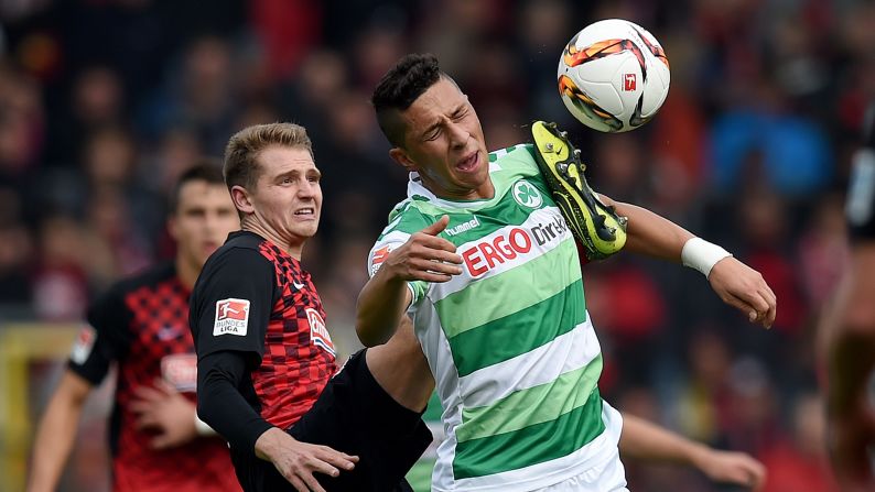 Furth's Robert Zulj is kicked by Freiburg's Immanuel Hohn during a match in Freiburg im Breisgau, Germany, on Sunday, October 18.