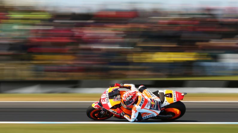 MotoGP champion Marc Marquez makes a sharp turn while qualifying in Phillip Island, Australia, on Saturday, October 17. This photo was shot using a low shutter speed.