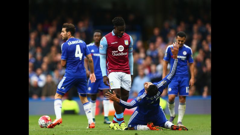 Chelsea striker Diego Costa reacts after a challenge from Aston Villa defender Micah Richards during a Premier League match in London on Saturday, October 17.