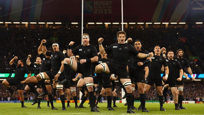 New Zealand's rugby team performs the traditional Haka dance before playing France in the Rugby World Cup quarterfinals on Saturday, October 17. New Zealand, the defending World Cup champions, crushed France 62-13.