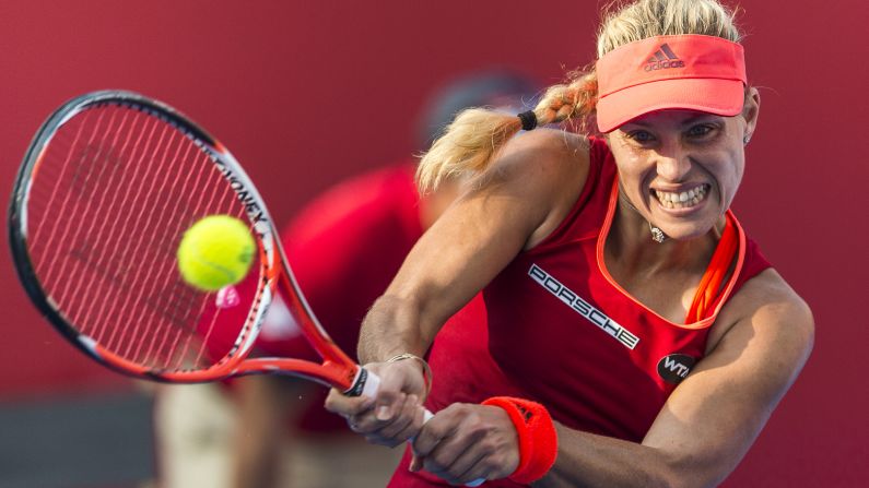 Angelique Kerber hits a shot during the Hong Kong Open on Saturday, October 17.