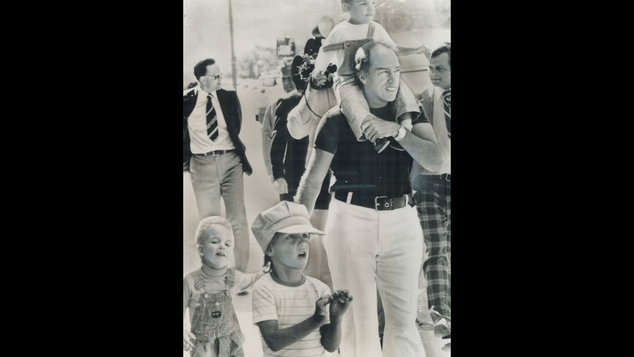 Prime Minister Pierre Trudeau takes  an outing in Winnipeg, Manitoba, while on vacation in 1977 with his sons, from left, Sacha, Justin and Michel. The elder Trudeau was Canada's Prime Minister from 1968 to 1979 and again from 1980 to 1984.