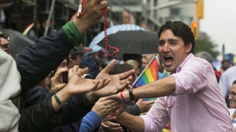 Trudeau works the crowd at the 2015 Toronto Pride parade on June 28.