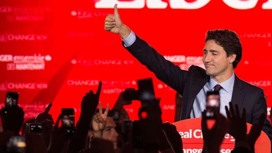 Trudeau commands the stage in Montreal on after the Liberal Party won the general election in 2015. As the crowd chanted his name, Trudeau said the Liberals won because they listened. "We beat fear with hope, we beat cynicism with hard work. We beat negative, divisive politics with a positive vision that brings Canadians together," he said.