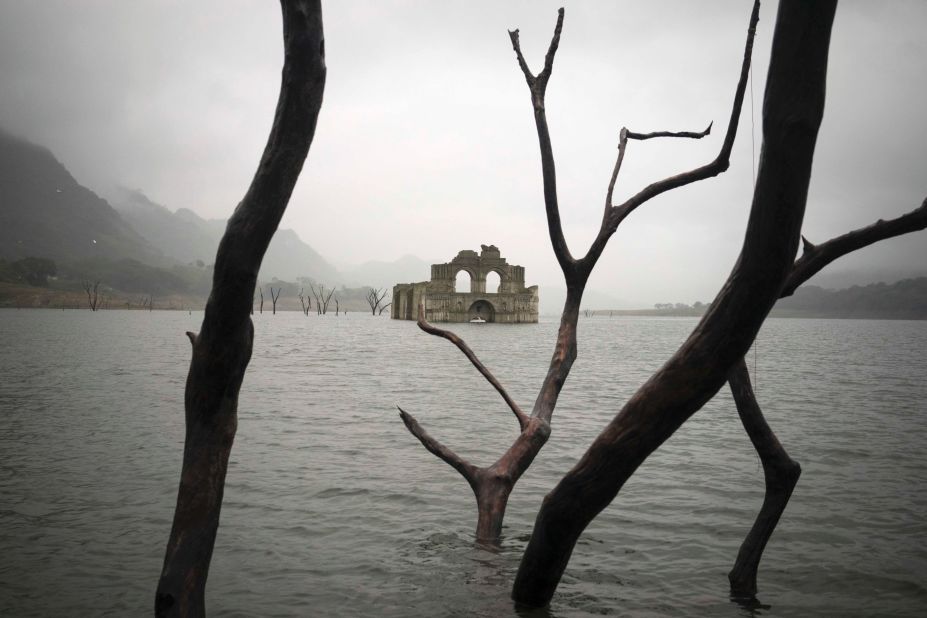 The water levels of a reservoir in Mexico have subsided to reveal the remains of an ancient church: the Temple of Santiago, also known as the Temple of Quechula. 