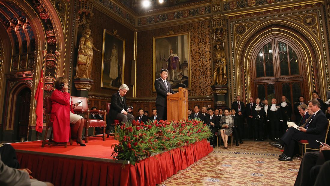Xi addresses lawmakers and peers in Parliament's Royal Gallery on October 20.