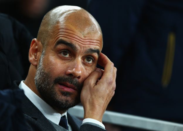 Josep Guardiola, manager of Bayern Munich, looks thoughtful prior to the UEFA Champions League Group F match between Arsenal FC and FC Bayern Munich at Emirates Stadium on October 20, 2015 in London.