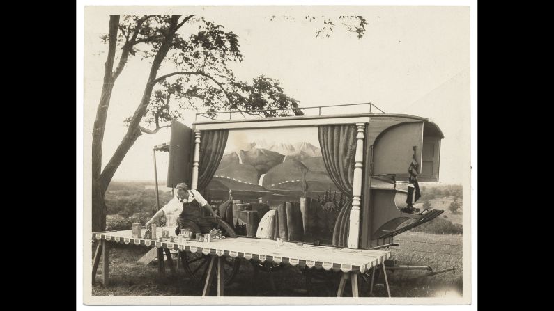 Grant Wood founded the Stone City Art Colony near Cedar Rapids, Iowa, along with Edward Rowan and Adrian Dornbush in 1932. Artists living at the colony were housed in wooden icehouse wagons. Here, Wood decorates one of the mobile rooms circa 1933.