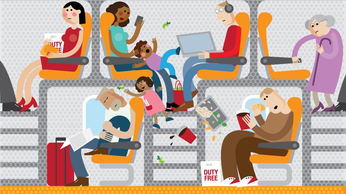 With airlines under pressure to slash fares and cram in ever more people without extending cabin space, passengers might soon be stacked on top of each other -- literally. This is our hellish version. Click on to see what real aviation engineers are coming up with.
