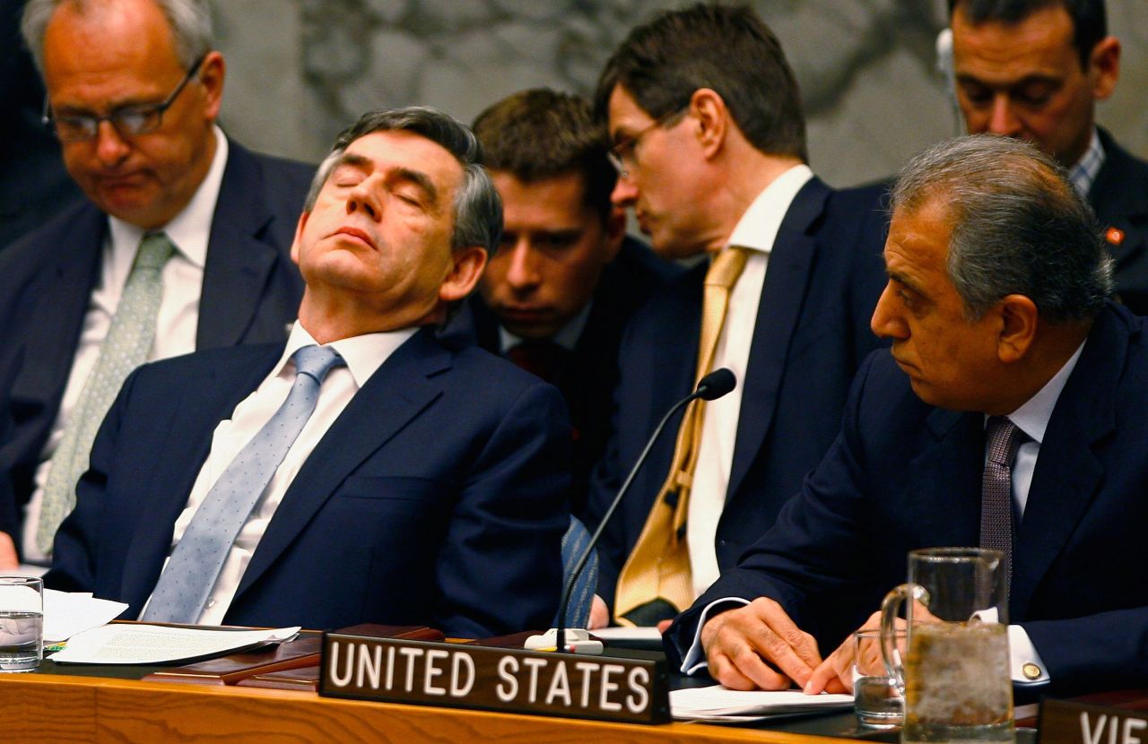 Then-British Prime Minister Gordon Brown (L) "rests his eyes" during a U.N. Security Council meeting in New York in April 2008. 