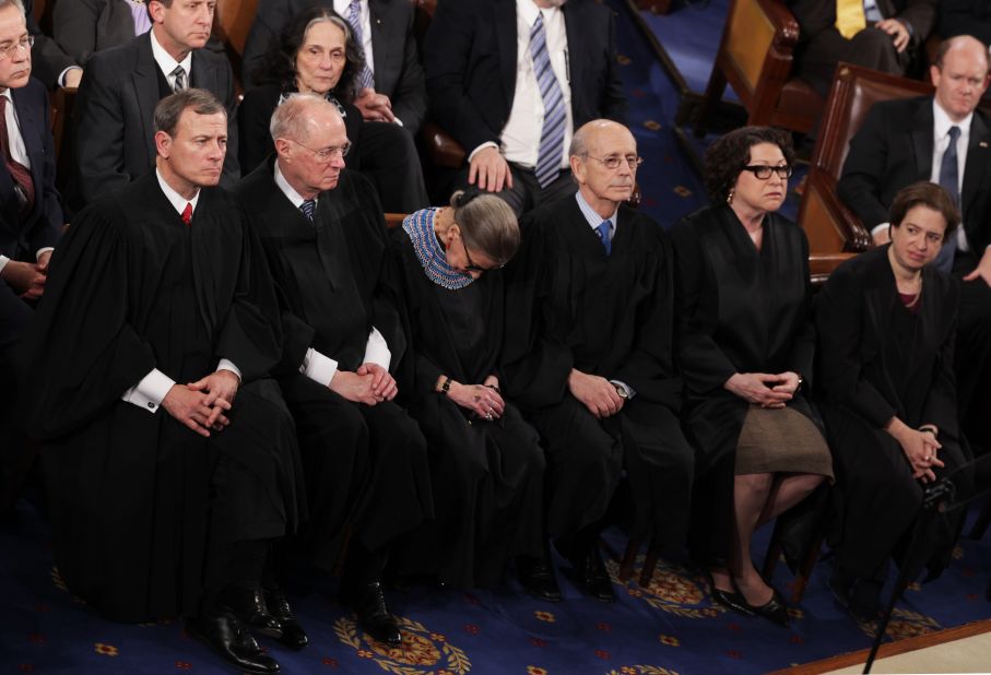 Supreme Court Justice Ruth Bader Ginsburg (C) fell asleep during Barack Obama's State of the Union speech in January 2015. It wasn't the first time, she says. The reason? "I was not 100% sober," Ginsburg said, blaming fellow Justice Anthony Kennedy for bringing a bottle of red wine to their pre-speech dinner.