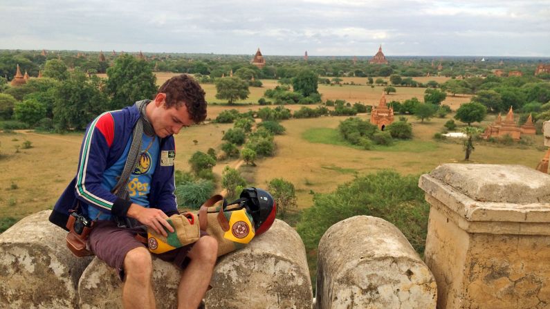 Here Boon poses with one of his newest Elephant Branded bags on a trip to the Bagan temple complex in Myanmar. 