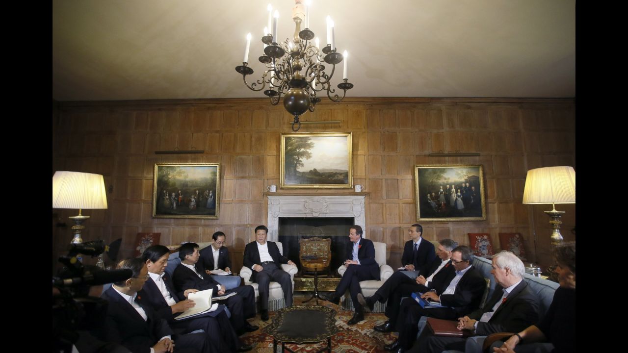 Cameron and Xi hold talks with their aides at Chequers, the Prime Minister's official country residence, on October 22. 