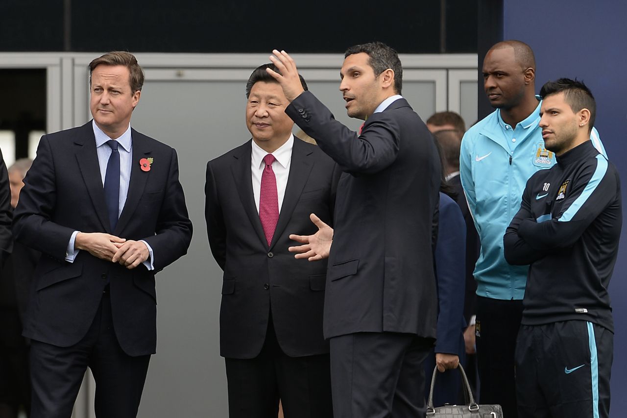 British Prime Minister David Cameron and Chinese President Xi Jinping visited Manchester City's training ground Friday. The pair met with chairman Khaldoon Al Mubarak as well as Sergio Aguero, the club's star Argentine striker.