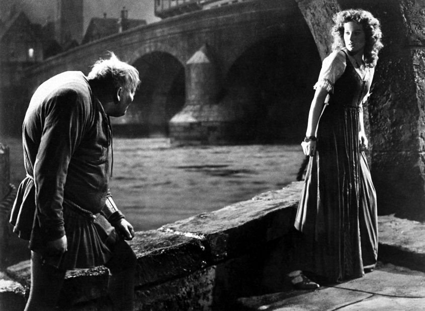 Charles Laughton (Quasimodo) and Maureen O'Hara (Esmeralda) appear in "The Hunchback of Notre Dame" in 1939. 