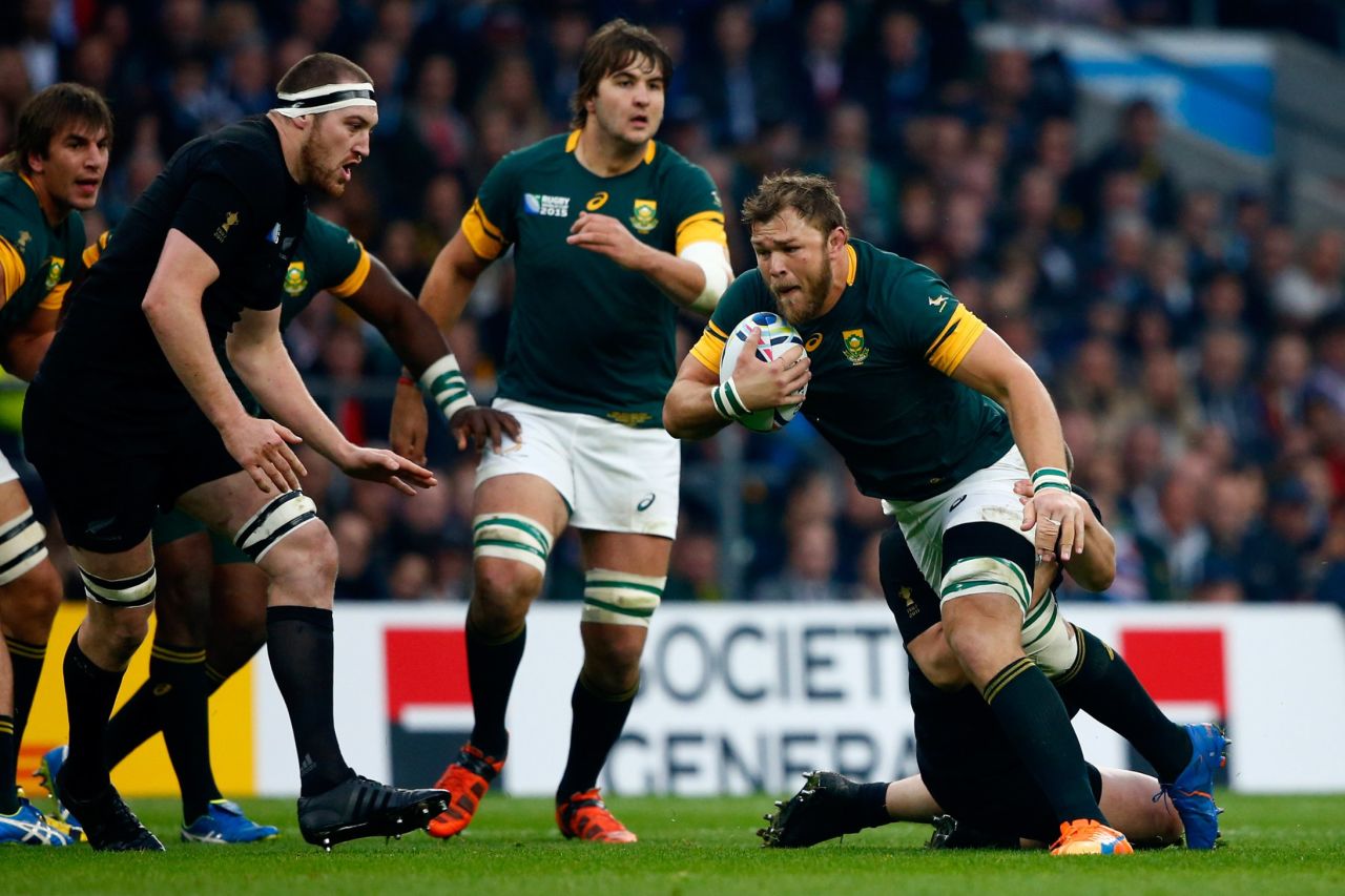 Duane Vermeulen of South Africa is tackled during the semifinal at Twickenham.