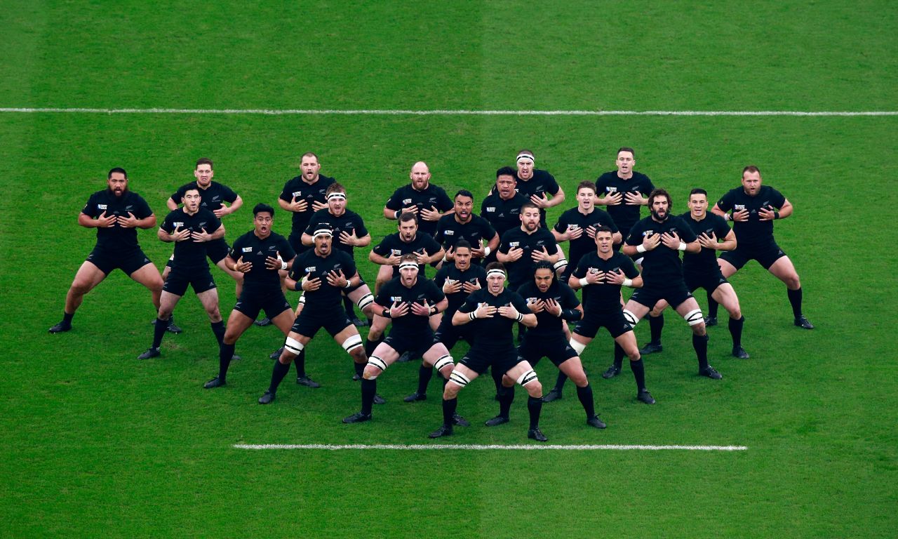 The New Zealand team performs its traditional Haka prior to the start of the semifinal at Twickenham.