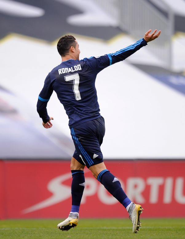 Cristiano Ronaldo celebrates his opening goal for Real Madrid in the 3-1 win at Celta Vigo at Estadio Balaidos.  