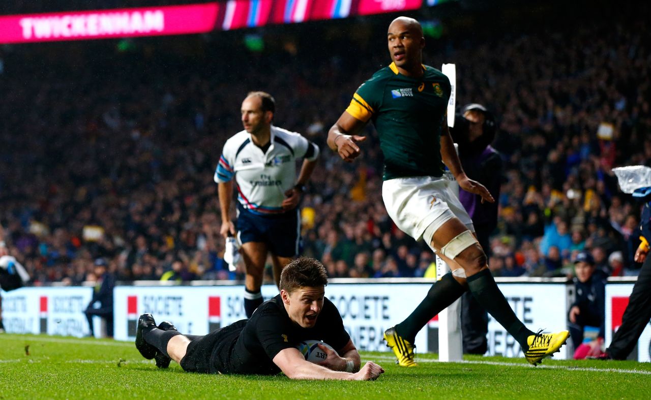Beauden Barrett slides over for the second All Blacks try in the narrow victory over South Africa to reach the World Cup final.