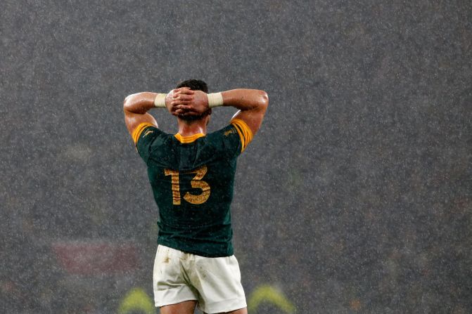 Despair in defeat. Jesse Kriel of South Africa cuts a forlorn figure as the rain pours down at Twickenham.